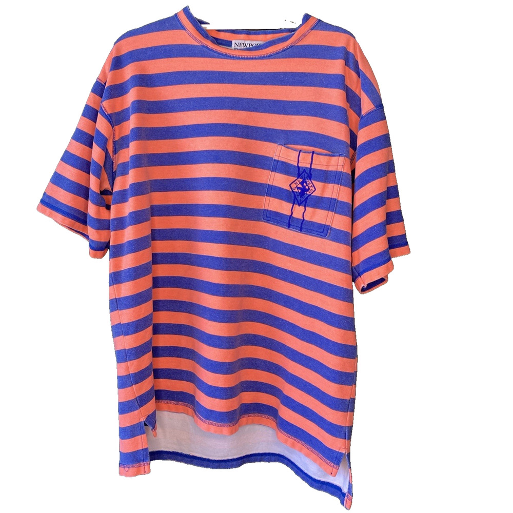 Newport Blue Shirt Mens Medium Vintage 90s Cotton Striped Nautical Short Sleeve